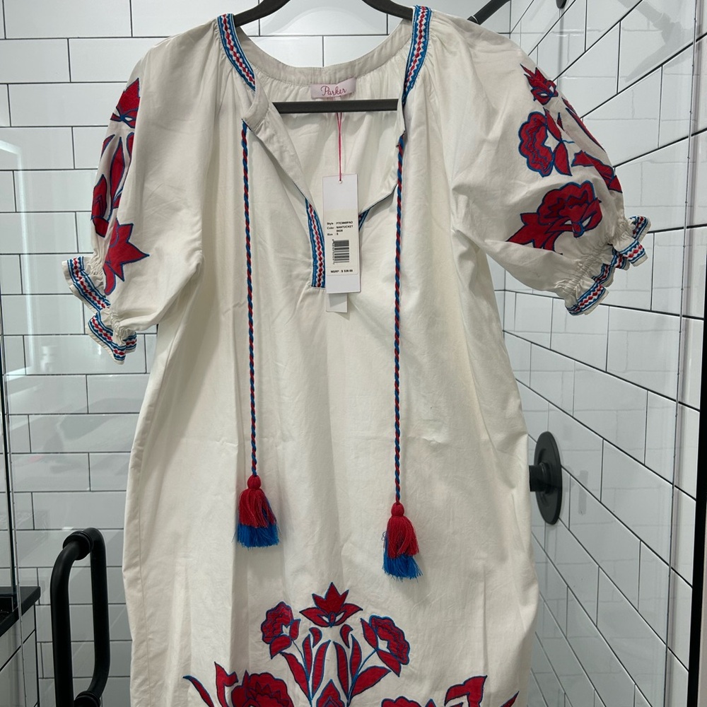 NWT Parker White dress with Blue and Red Trim size small